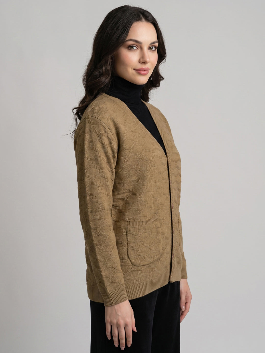 Women Camel Brown Self Design V Neck Full Sleeve Cardigan