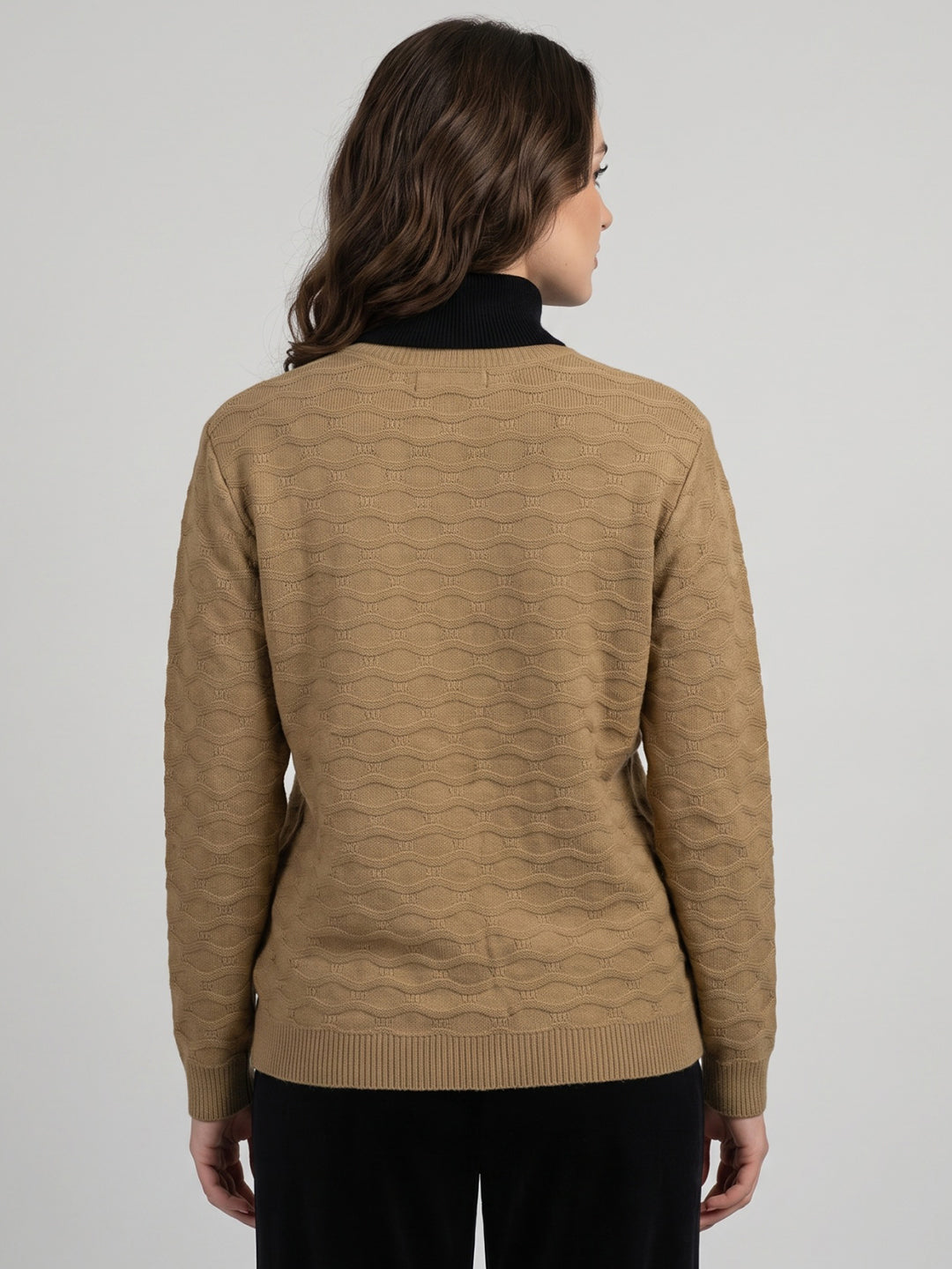 Women Camel Brown Self Design V Neck Full Sleeve Cardigan