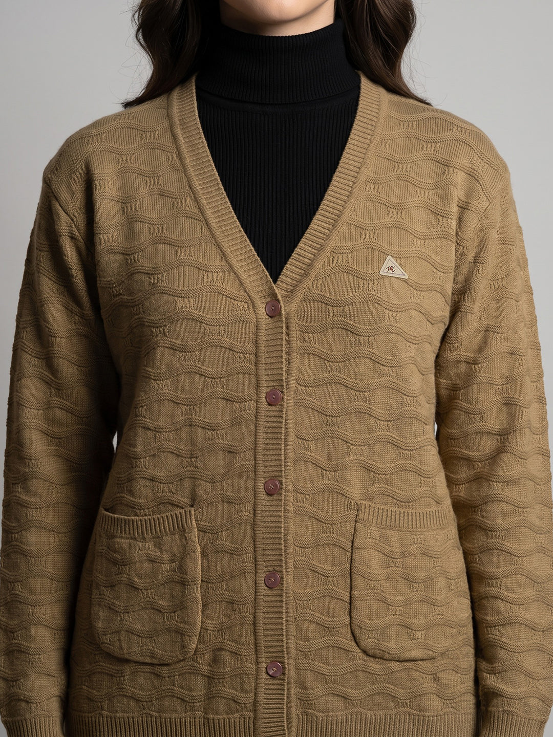 Women Camel Brown Self Design V Neck Full Sleeve Cardigan