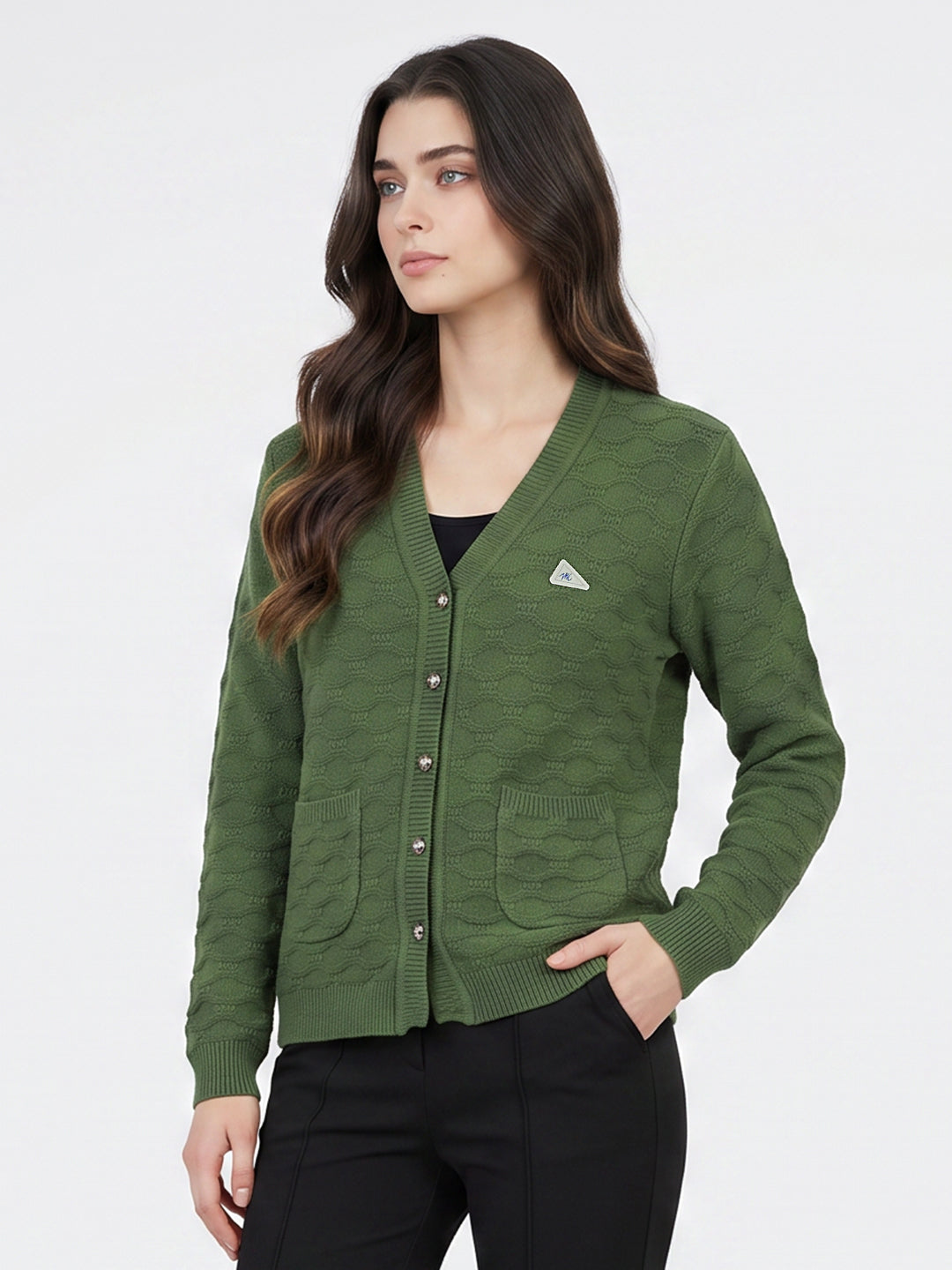 Women Green Self Design V Neck Full Sleeve Cardigan