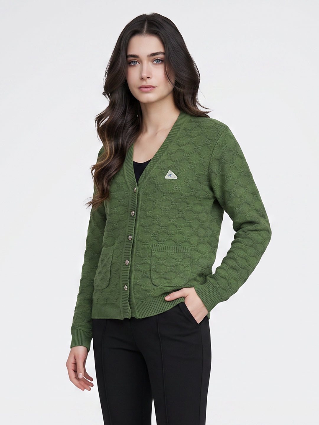 Women Green Self Design V Neck Full Sleeve Cardigan