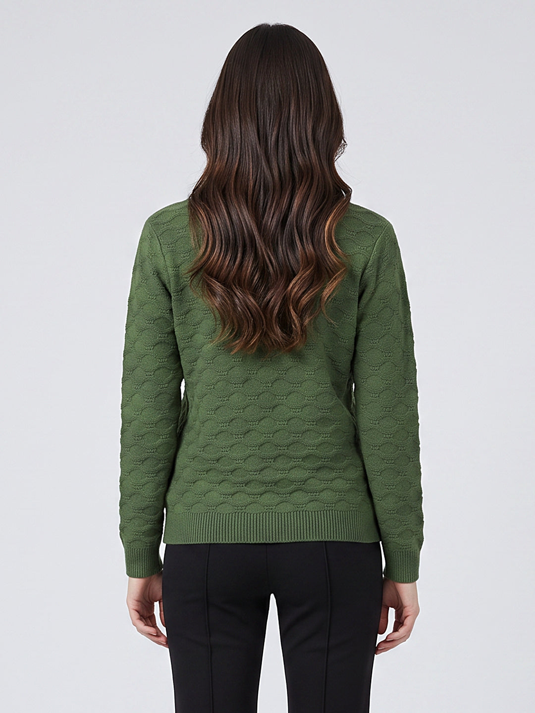 Women Green Self Design V Neck Full Sleeve Cardigan