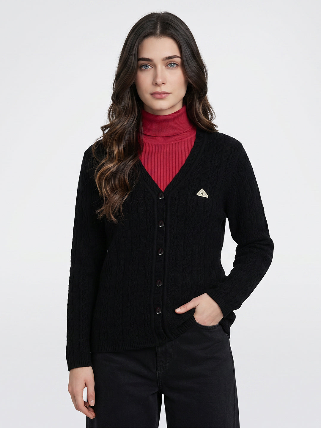 Women Black Self Design V Neck Full Sleeve Cardigan
