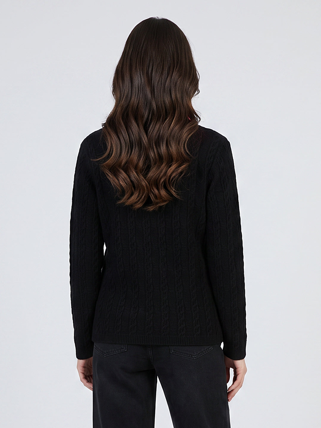 Women Black Self Design V Neck Full Sleeve Cardigan