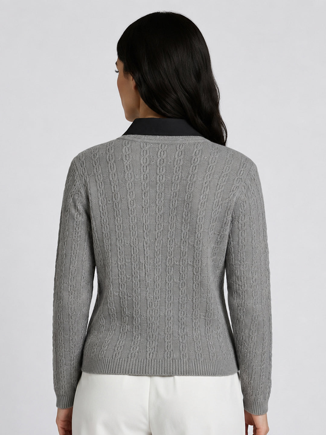 Women Grey Self Design V Neck Full Sleeve Cardigan