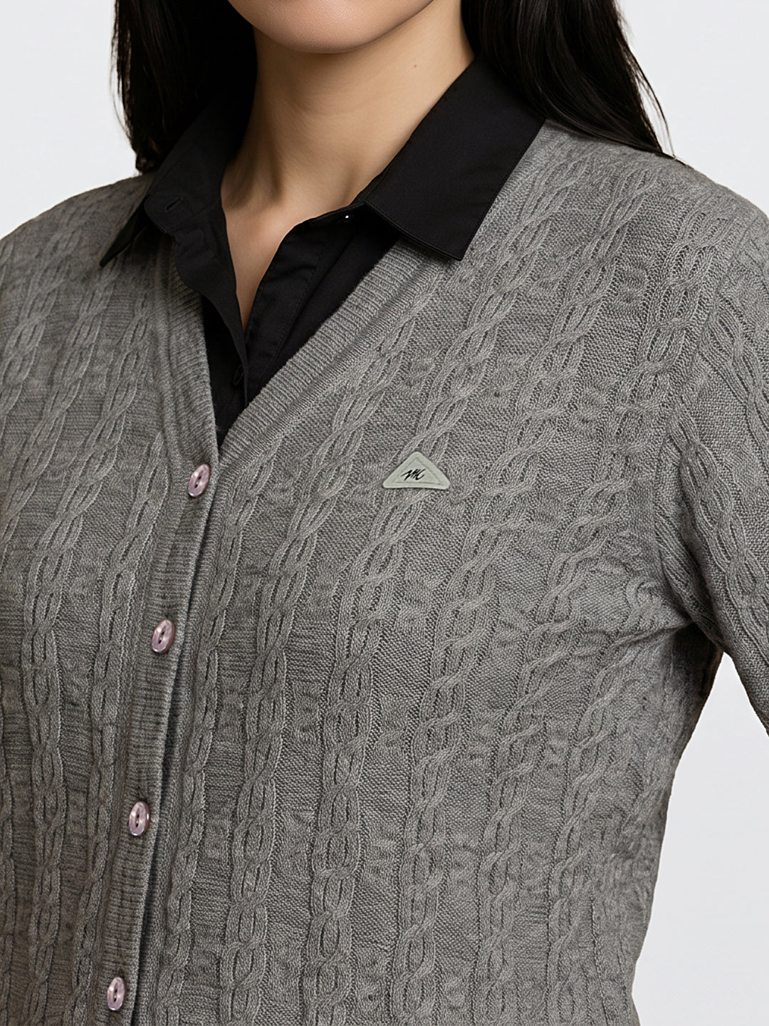 Women Grey Self Design V Neck Full Sleeve Cardigan