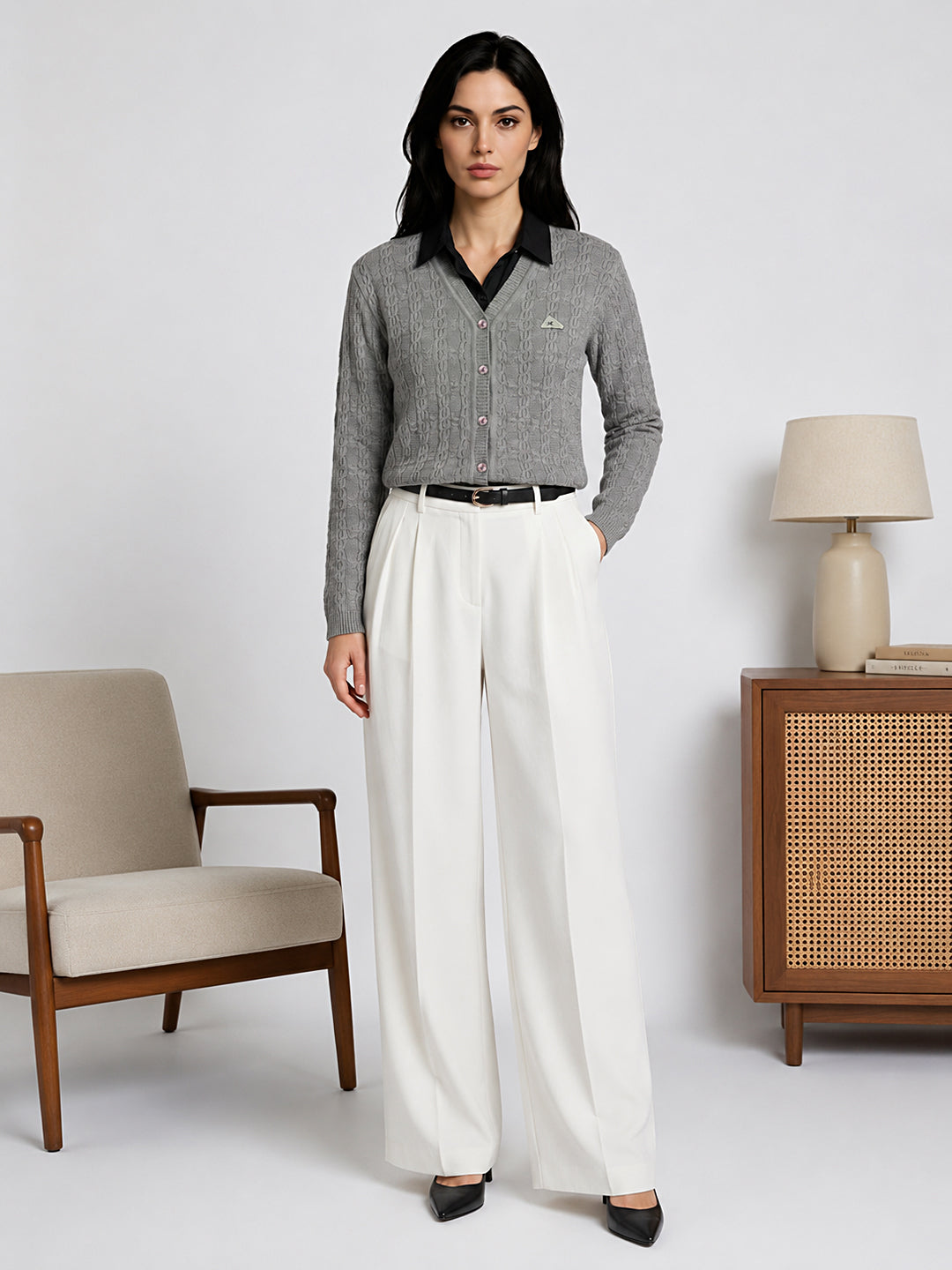 Women Grey Self Design V Neck Full Sleeve Cardigan