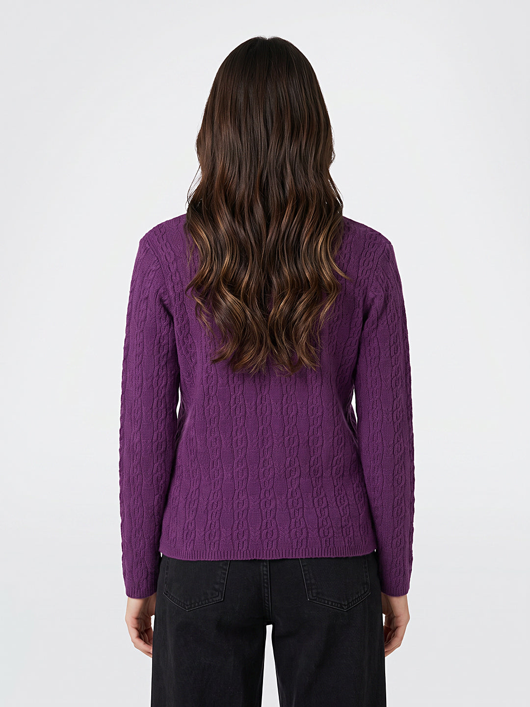 Women Purple Self Design V Neck Full Sleeve Cardigan