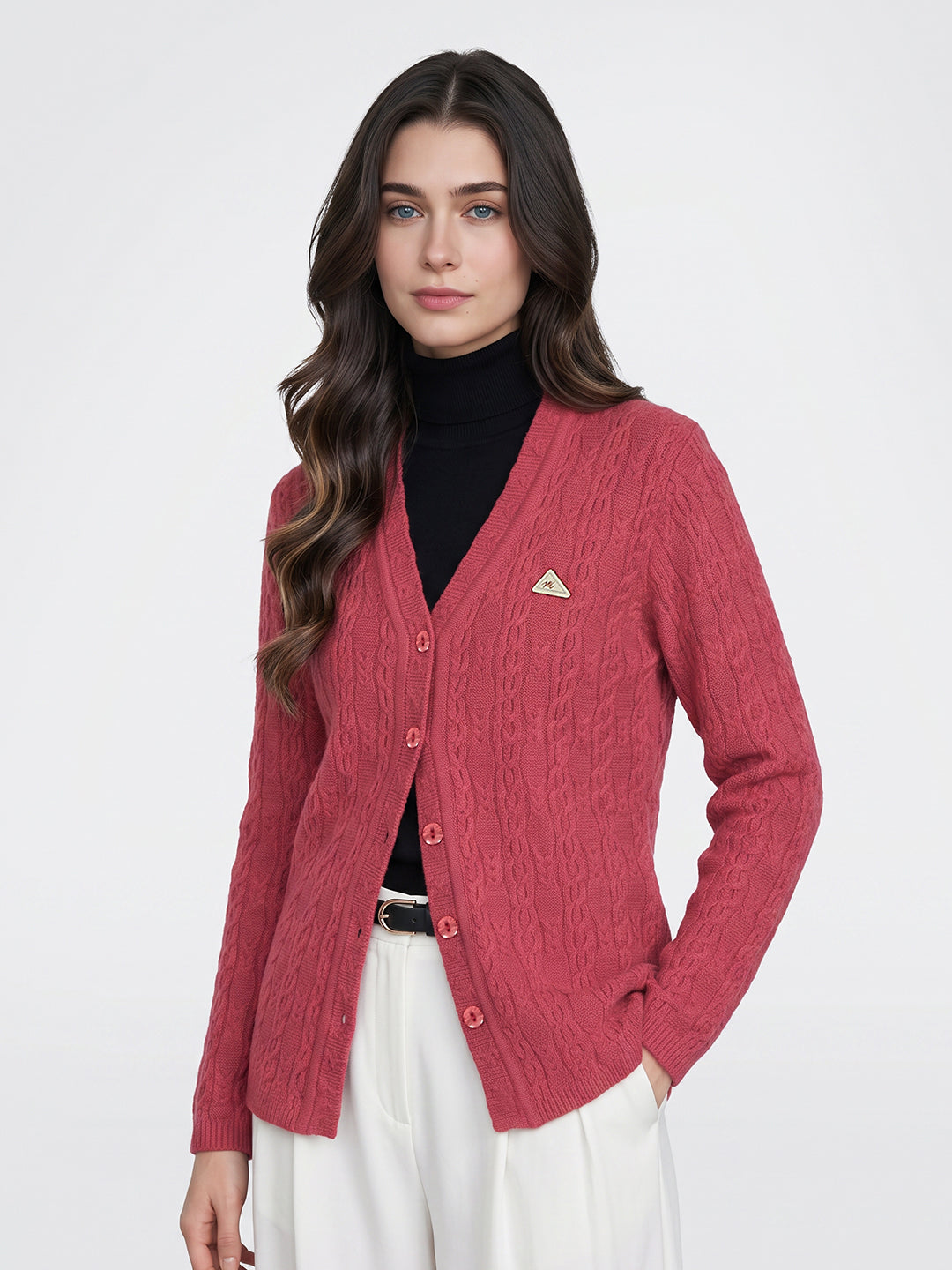 Women Coral Self Design V Neck Full Sleeve Cardigan