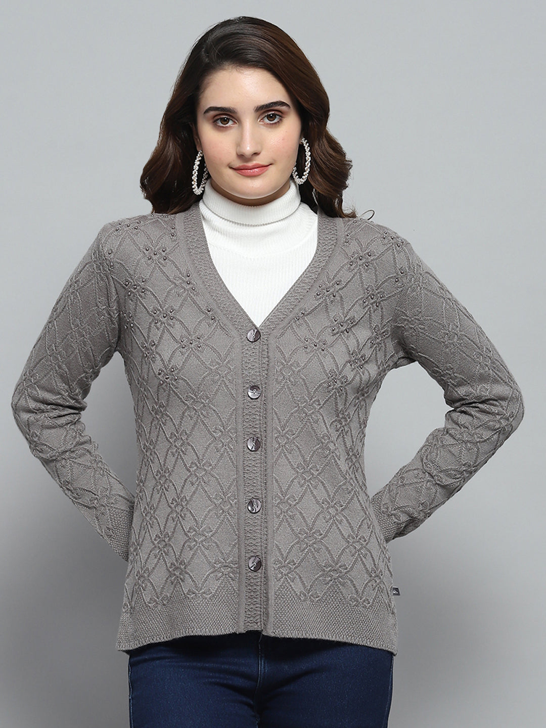 Women Grey Self Design V Neck Full Sleeve Cardigan