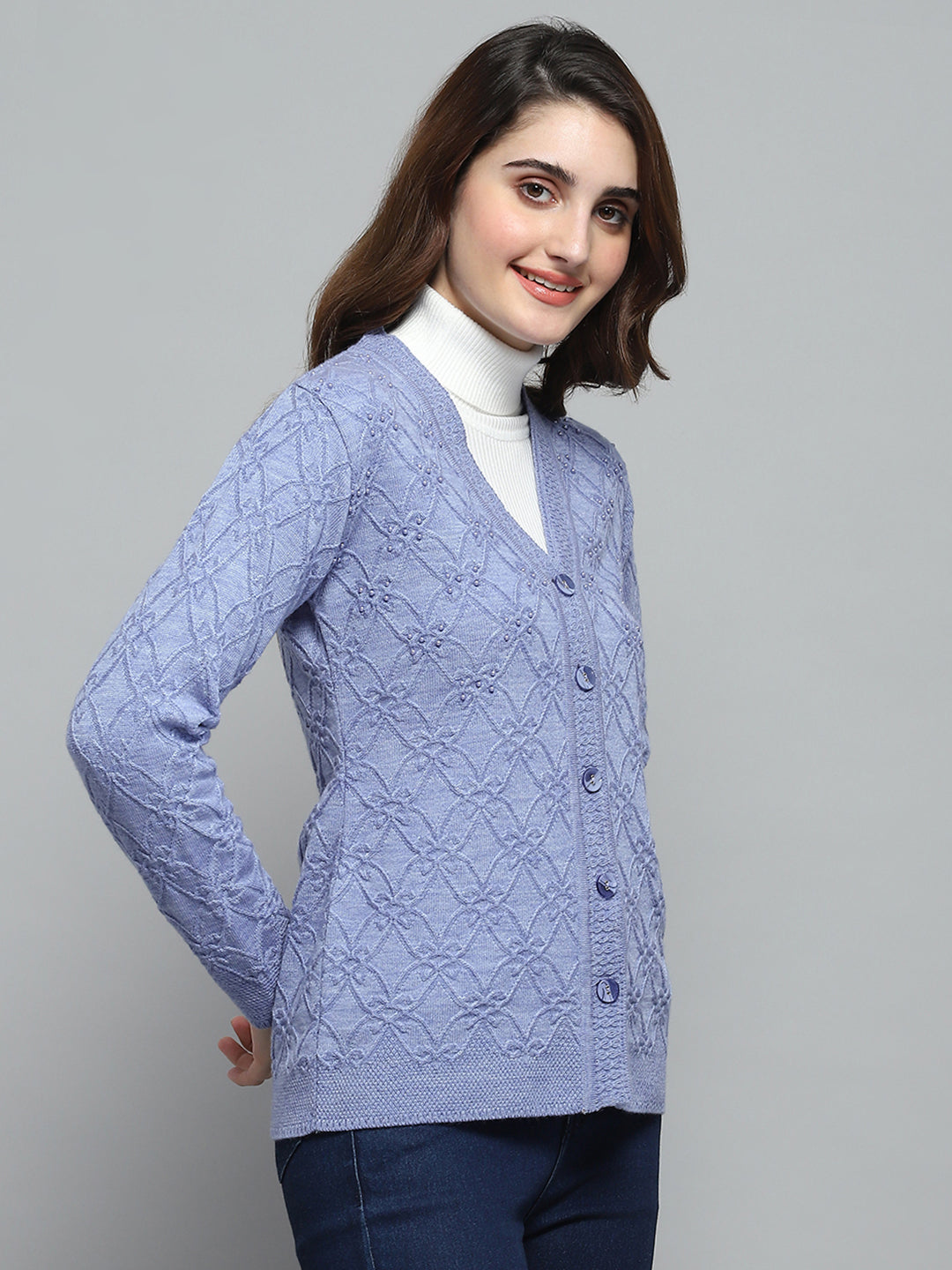 Women Purple Self Design V Neck Full Sleeve Cardigan