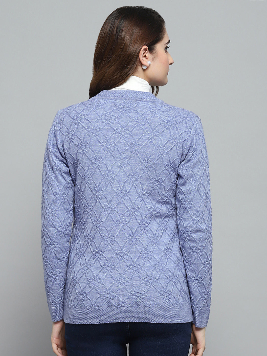 Women Purple Self Design V Neck Full Sleeve Cardigan