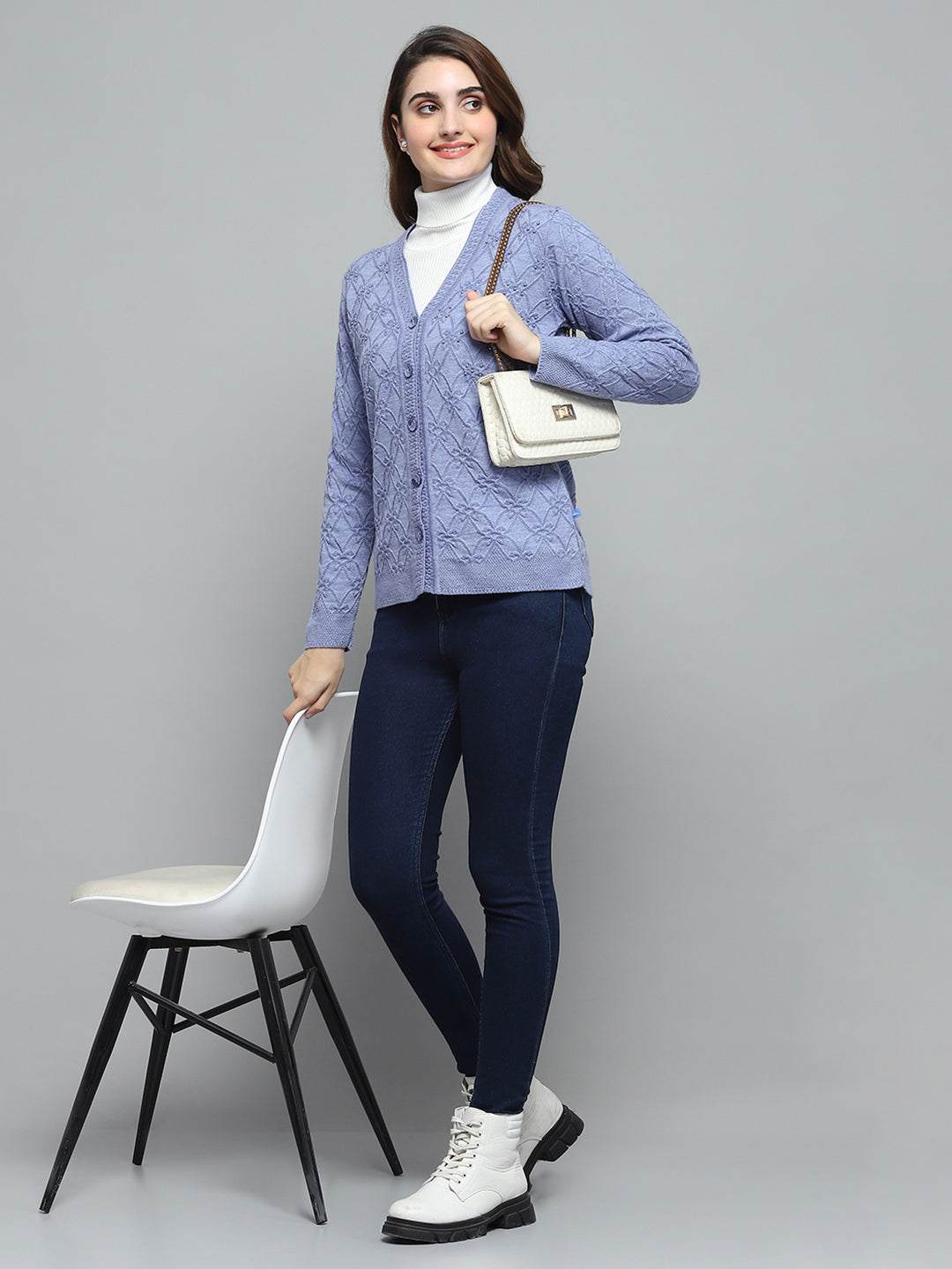 Women Purple Self Design V Neck Full Sleeve Cardigan