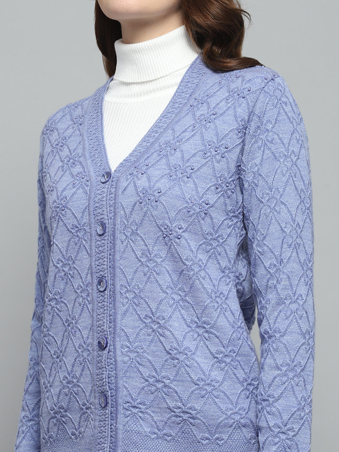 Women Purple Self Design V Neck Full Sleeve Cardigan