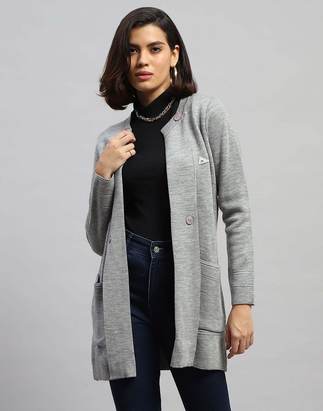 Women Grey Self Design Round Neck Full Sleeve Cardigan