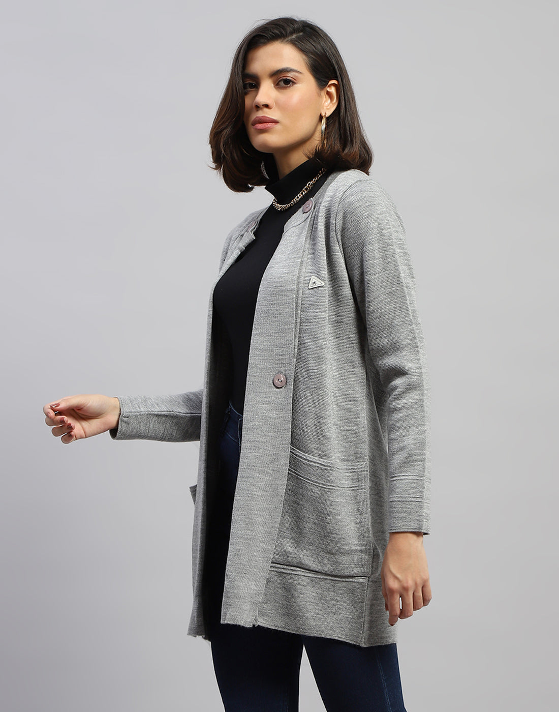 Women Grey Self Design Round Neck Full Sleeve Cardigan
