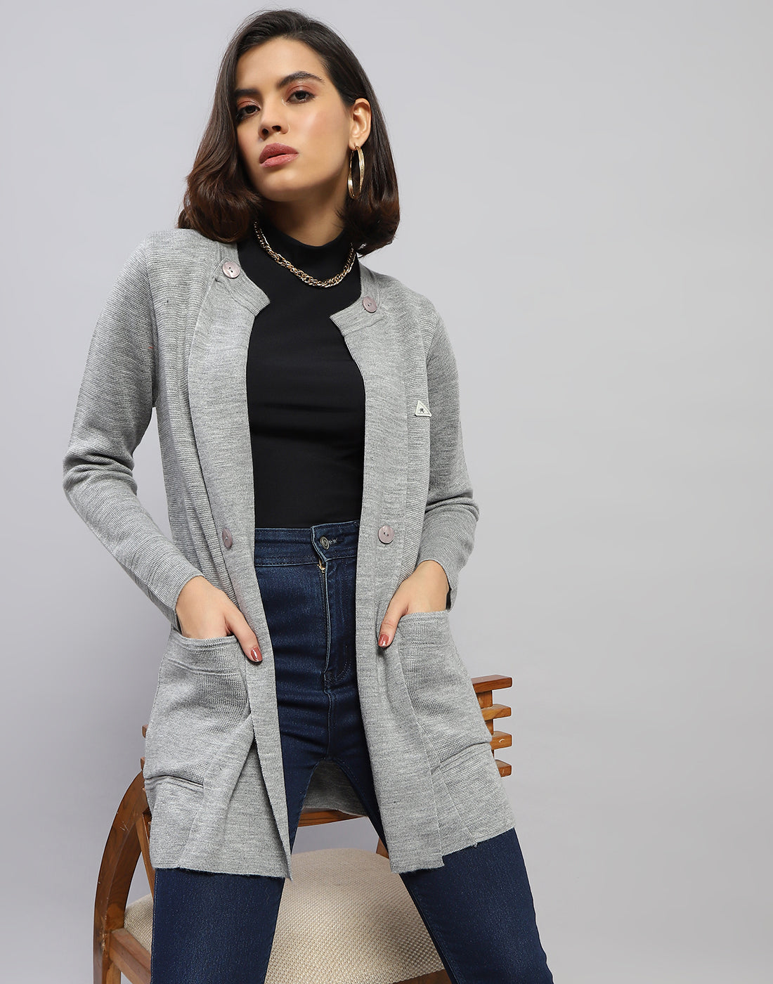 Women Grey Self Design Round Neck Full Sleeve Cardigan