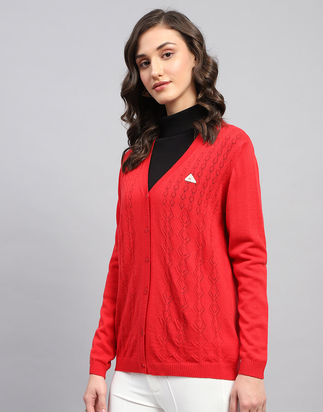 Women Red Self Design V Neck Full Sleeve Cardigan