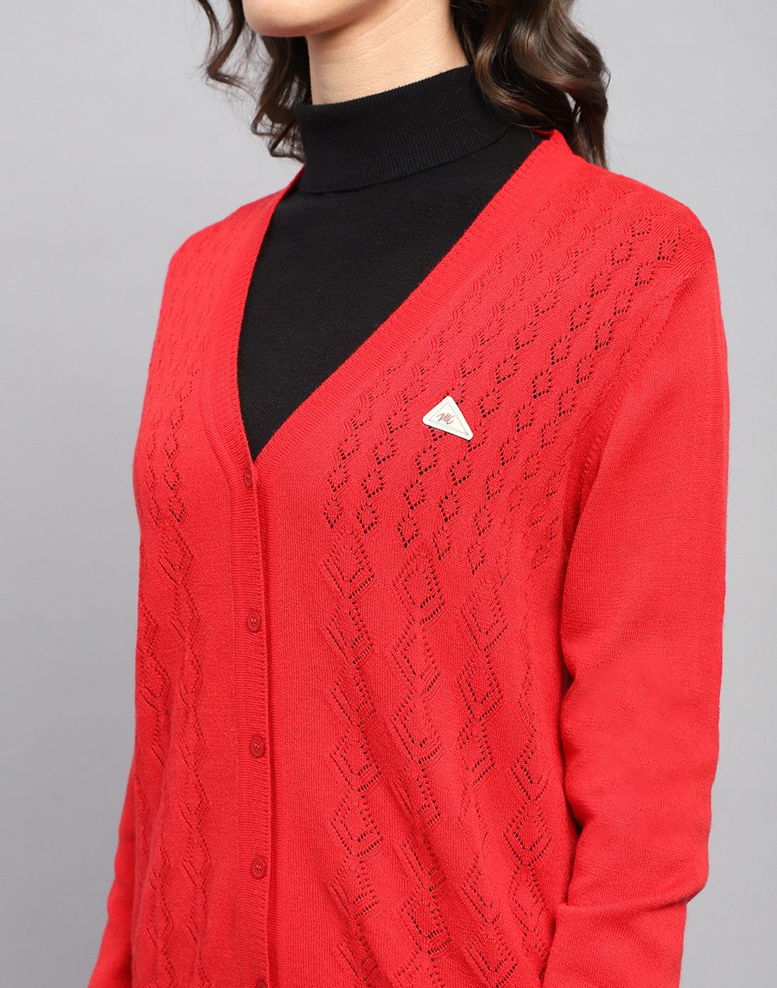Women Red Self Design V Neck Full Sleeve Cardigan
