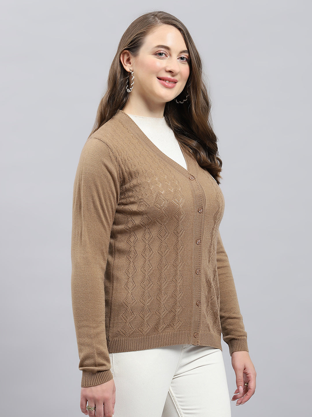 Women Camel Brown Self Design V Neck Full Sleeve Cardigan