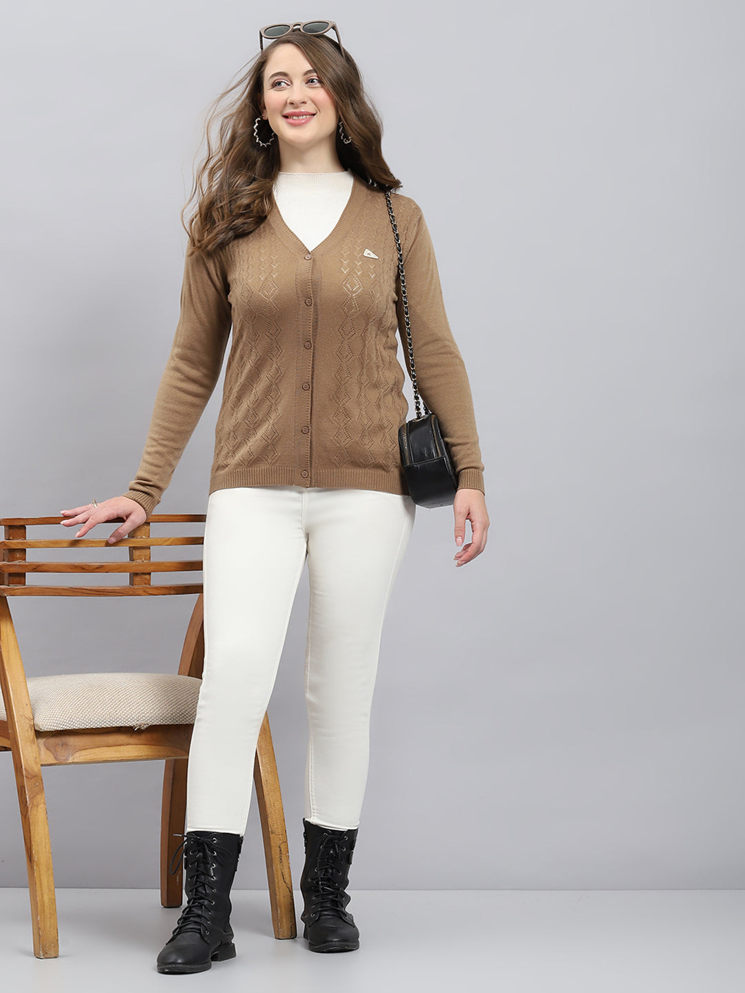 Women Camel Brown Self Design V Neck Full Sleeve Cardigan