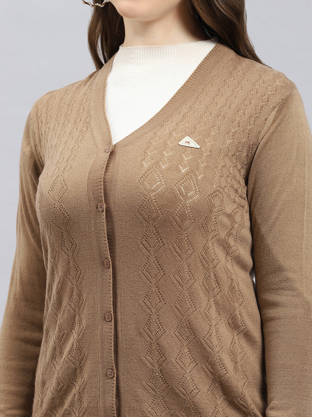 Women Camel Brown Self Design V Neck Full Sleeve Cardigan