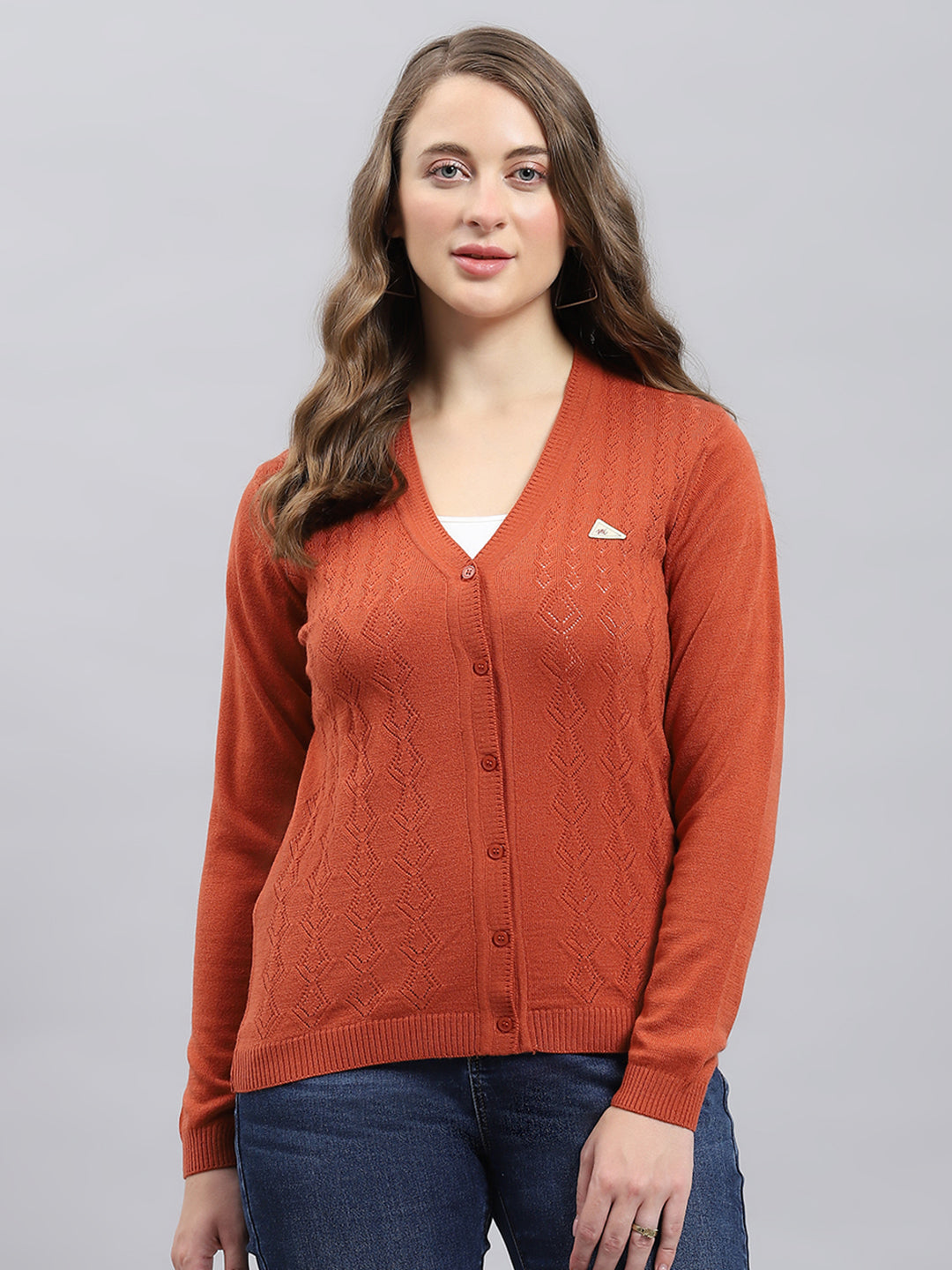 Women Rust Self Design V Neck Full Sleeve Cardigan