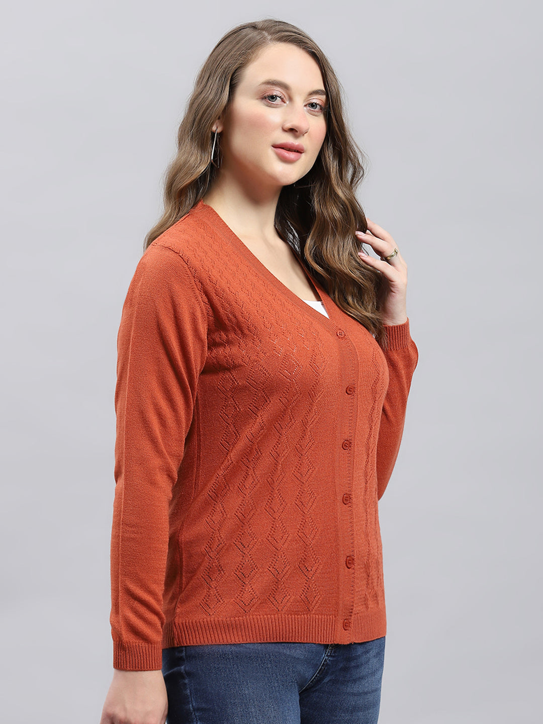 Women Rust Self Design V Neck Full Sleeve Cardigan