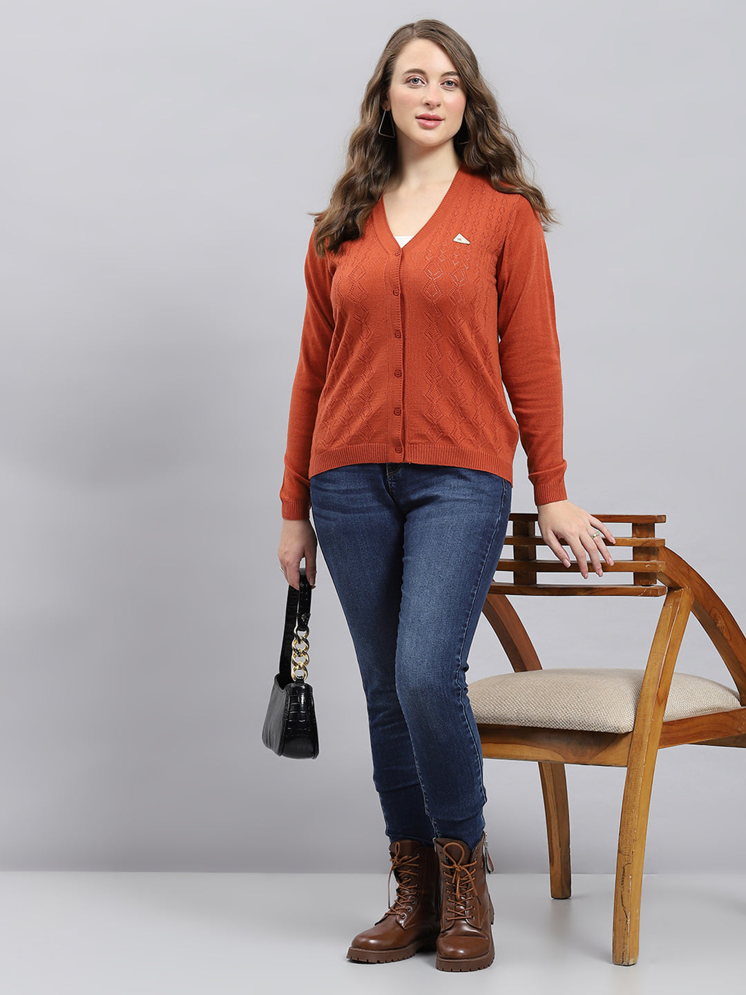 Women Rust Self Design V Neck Full Sleeve Cardigan