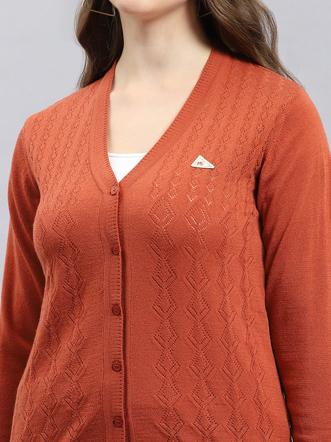 Women Rust Self Design V Neck Full Sleeve Cardigan