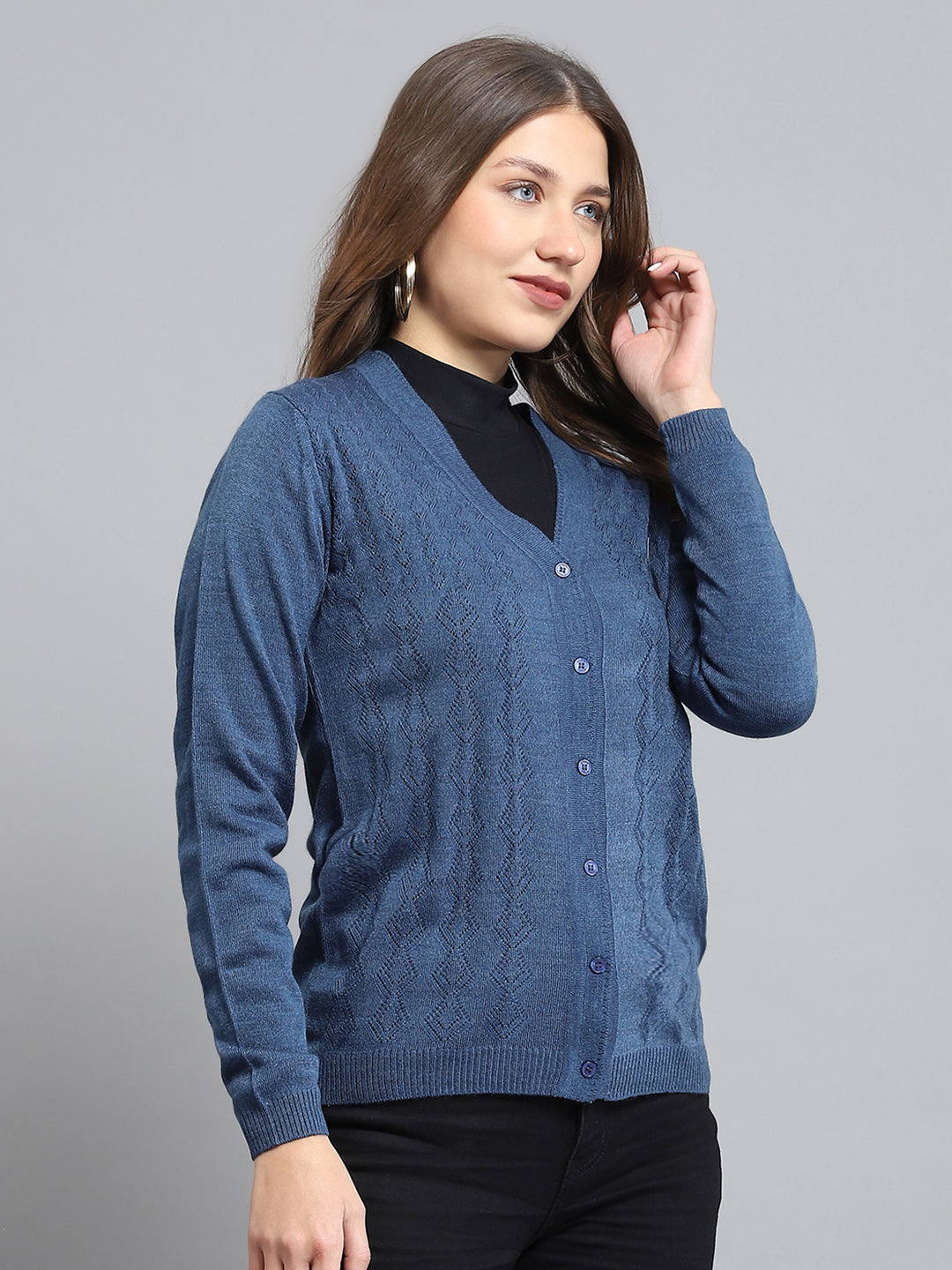 Women Blue Self Design V Neck Full Sleeve Cardigan