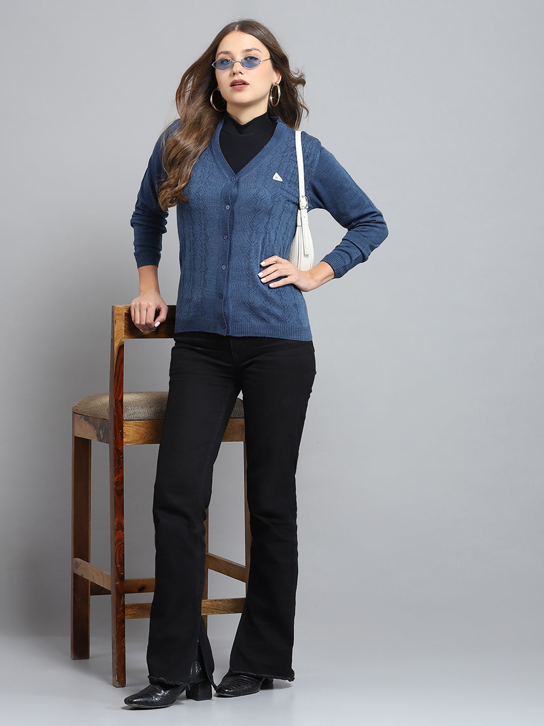 Women Blue Self Design V Neck Full Sleeve Cardigan