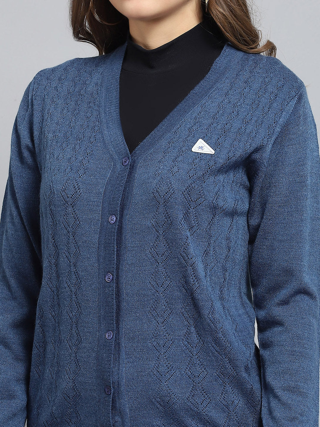 Women Blue Self Design V Neck Full Sleeve Cardigan