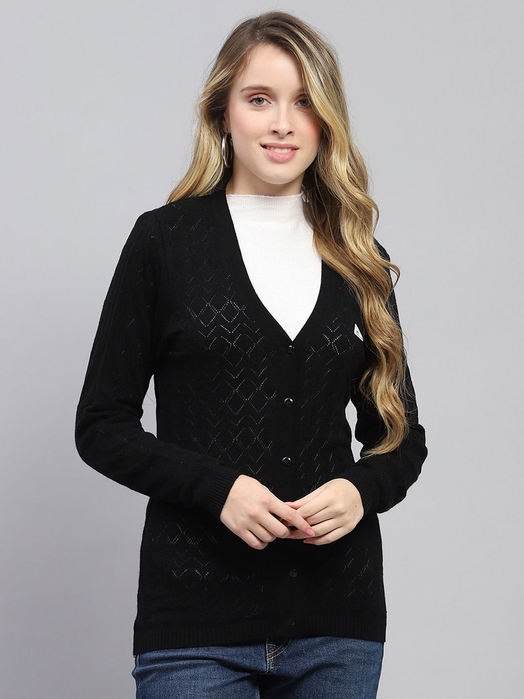 Russell Collection Women’s V-Neck Cardigan – Knitted, Lightweight, Black, Medium