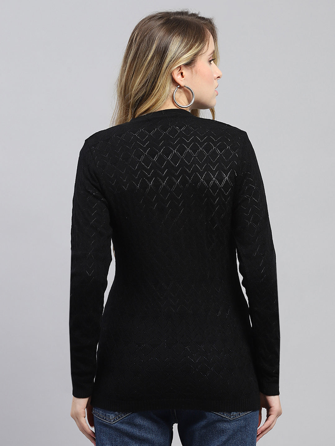 Women Black Self Design V Neck Full Sleeve Cardigan