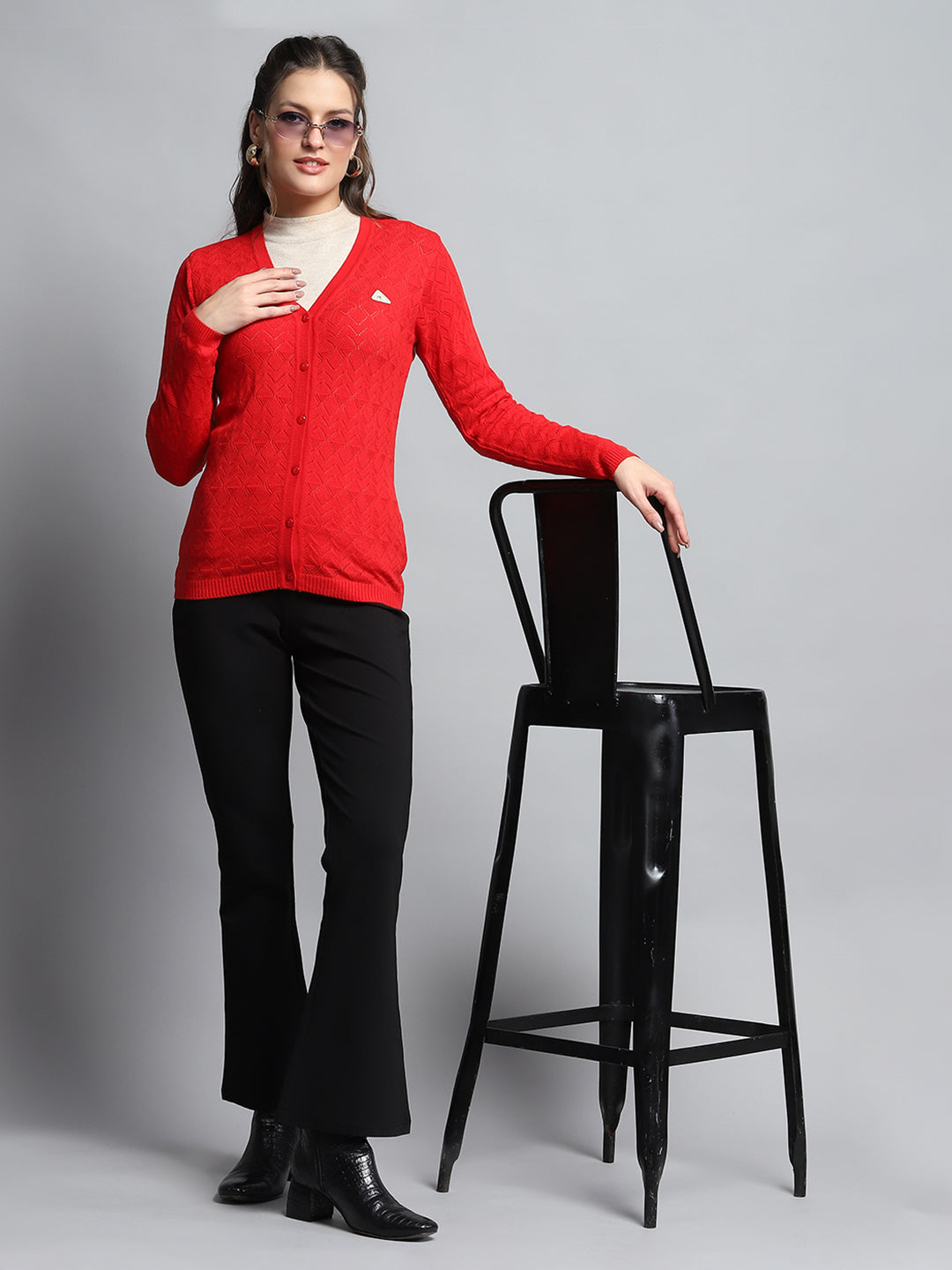 Women Red Self Design V Neck Full Sleeve Cardigan