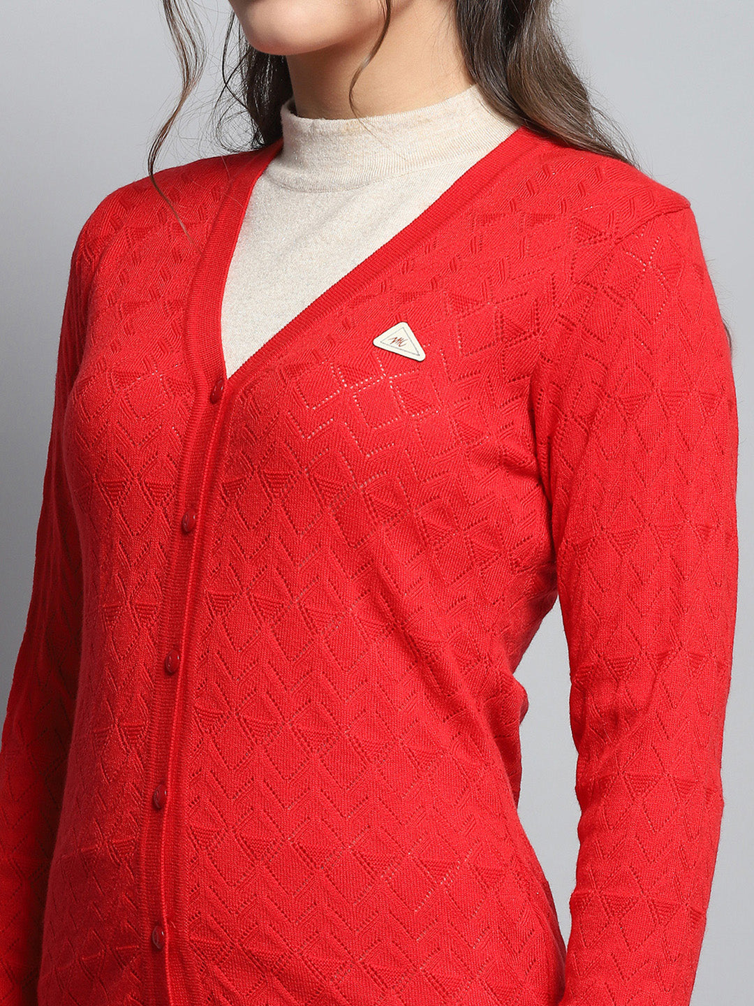 Women Red Self Design V Neck Full Sleeve Cardigan