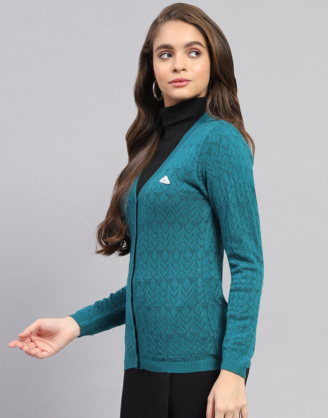Women Teal Blue Self Design V Neck Full Sleeve Cardigan