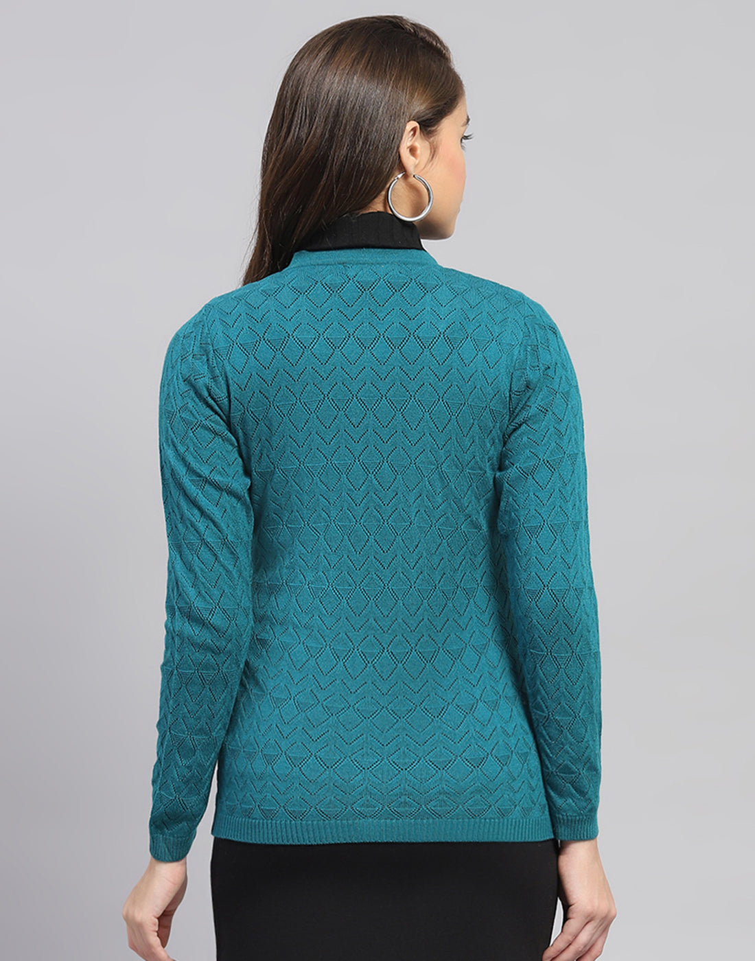 Women Teal Blue Self Design V Neck Full Sleeve Cardigan