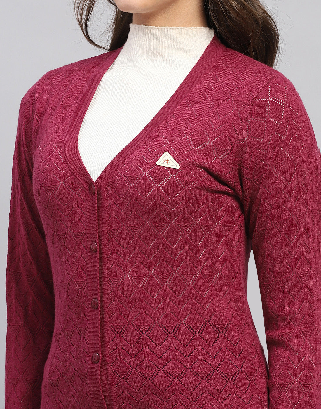 Women Maroon Self Design V Neck Full Sleeve Cardigan