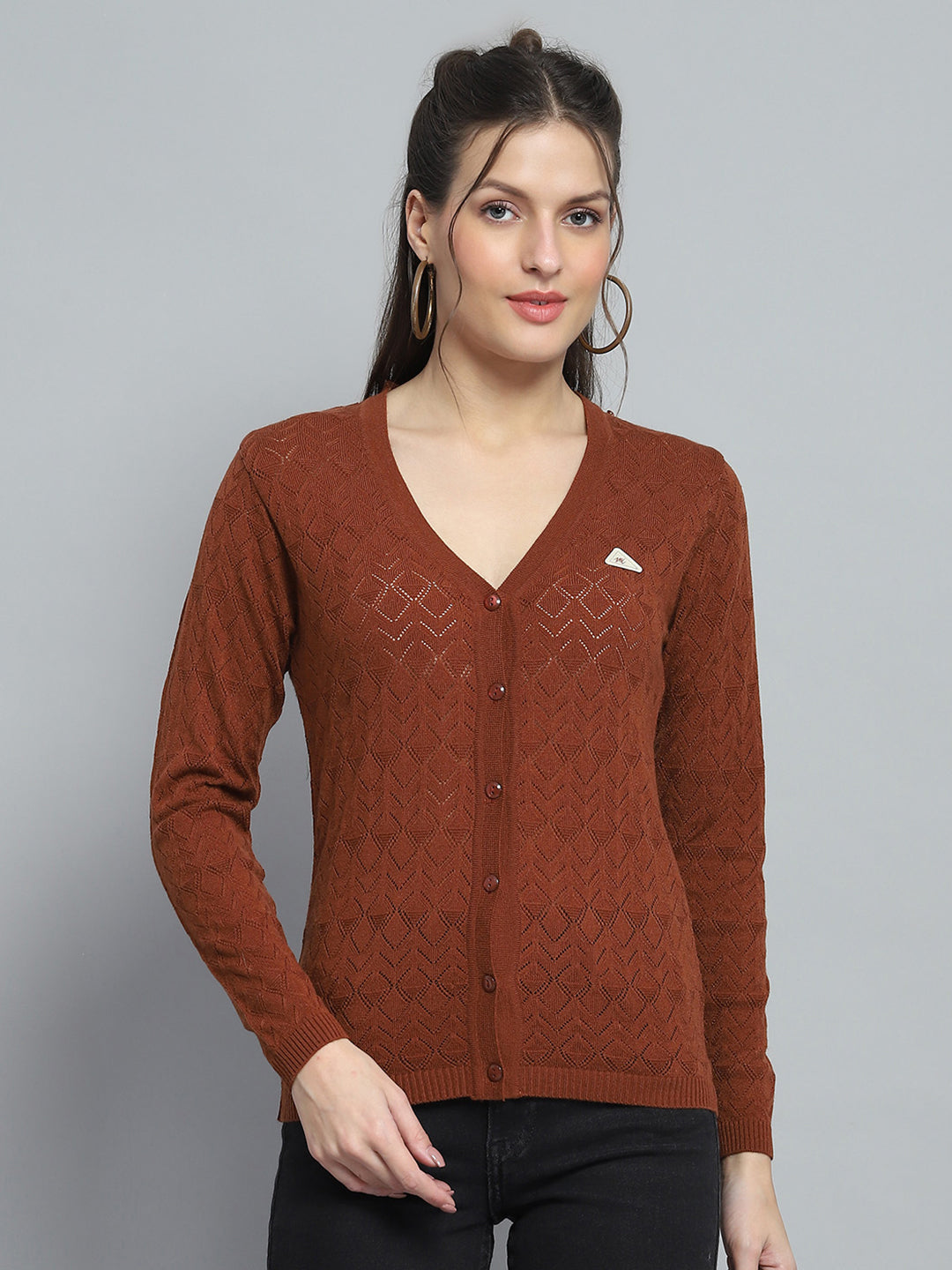 Women Brown Self Design V Neck Full Sleeve Cardigan