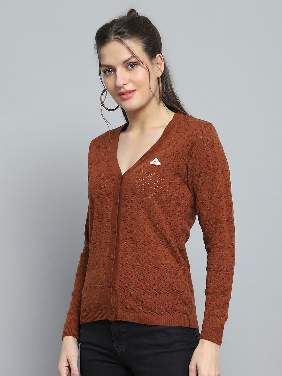 Women Brown Self Design V Neck Full Sleeve Cardigan