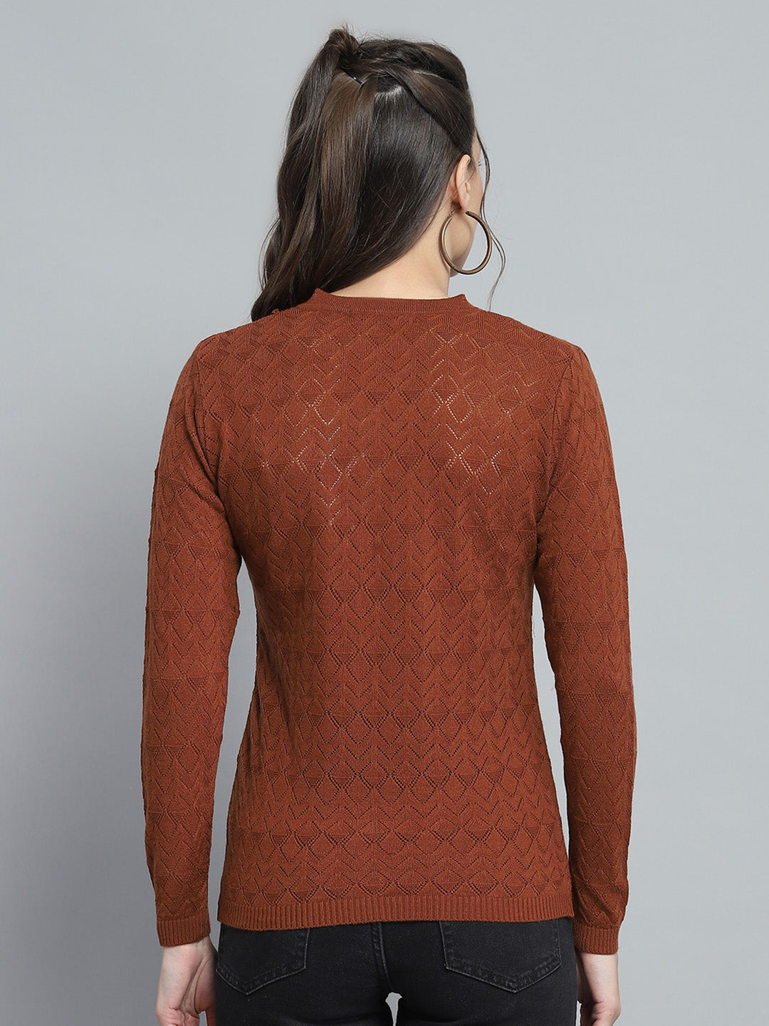 Women Brown Self Design V Neck Full Sleeve Cardigan