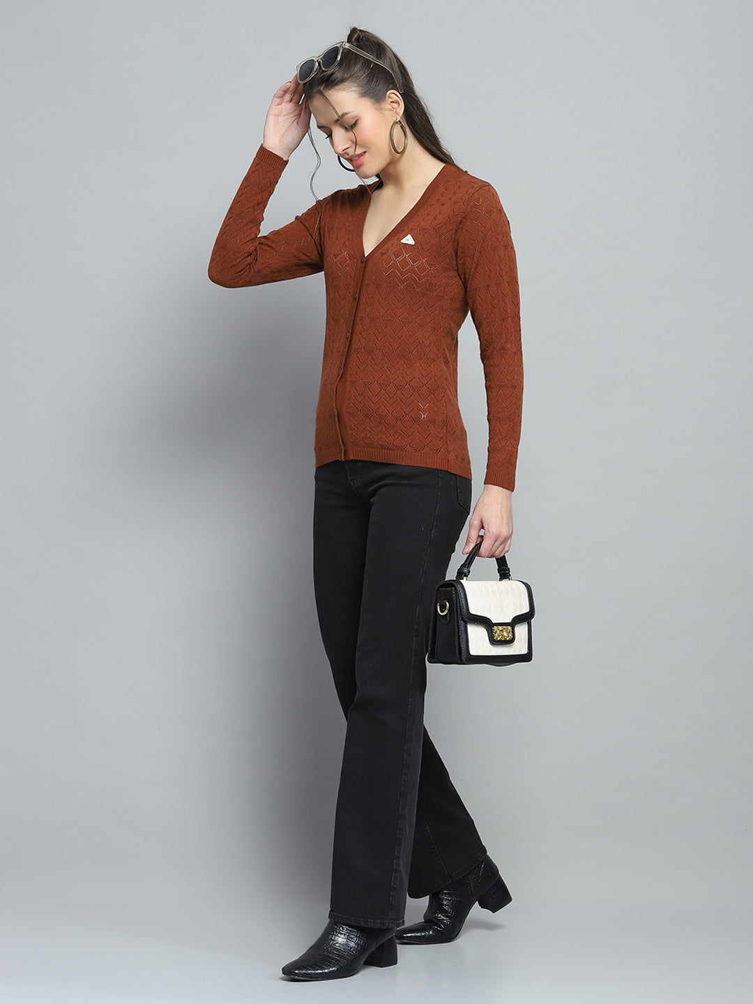 Women Brown Self Design V Neck Full Sleeve Cardigan