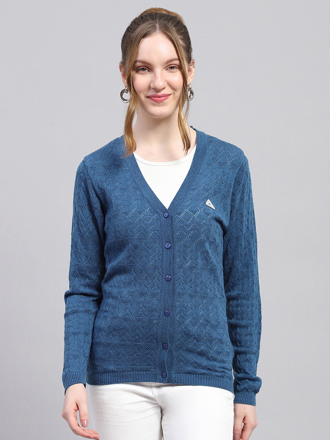 Women Blue Self Design V Neck Full Sleeve Cardigan