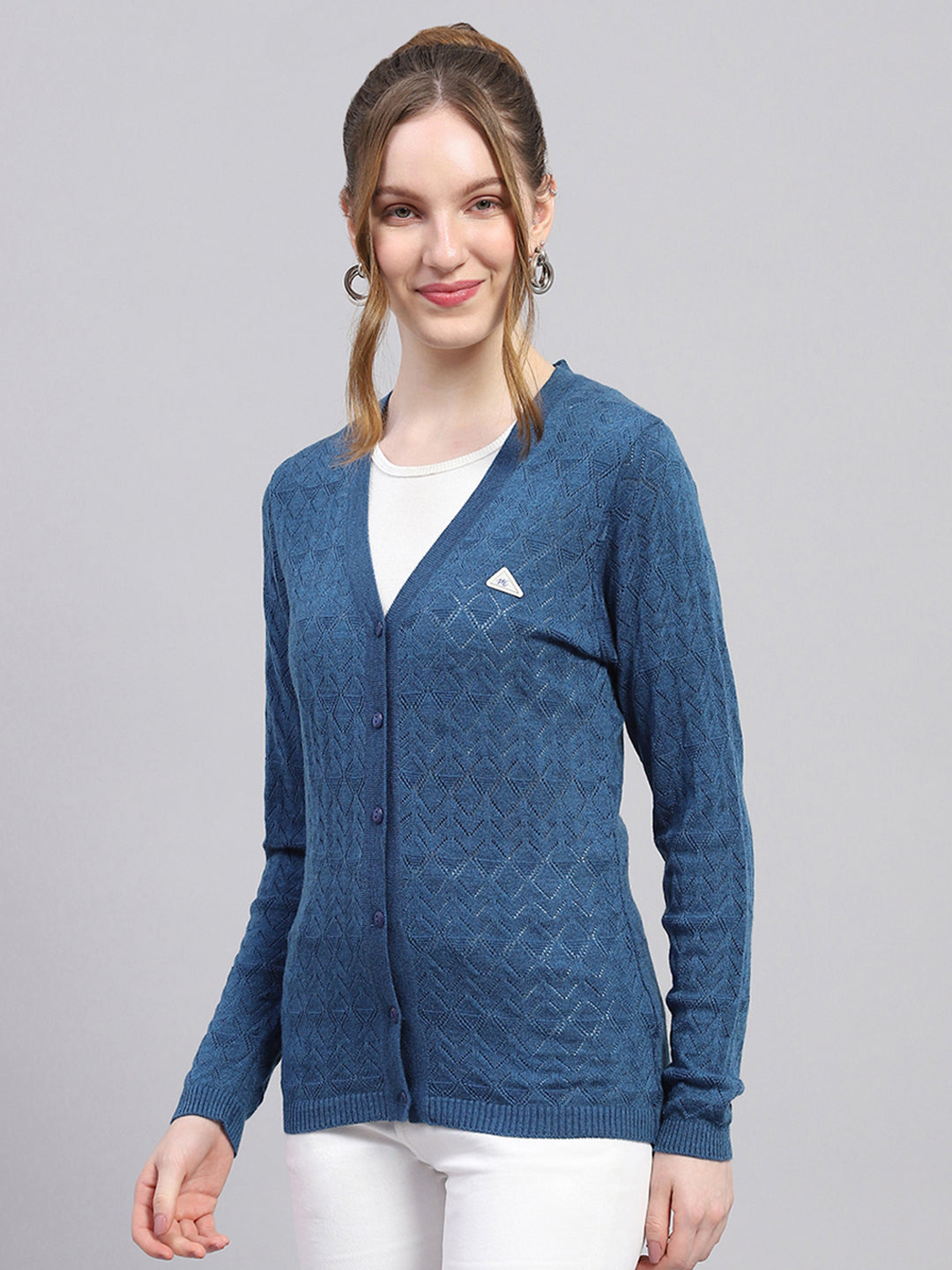 Women Blue Self Design V Neck Full Sleeve Cardigan