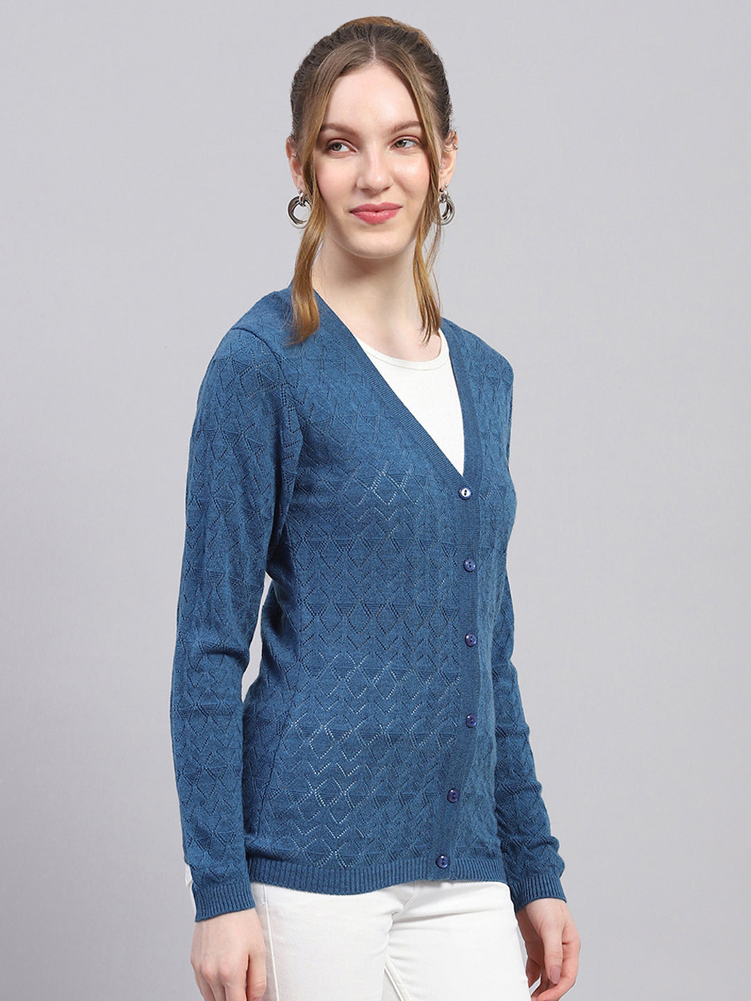 Women Blue Self Design V Neck Full Sleeve Cardigan