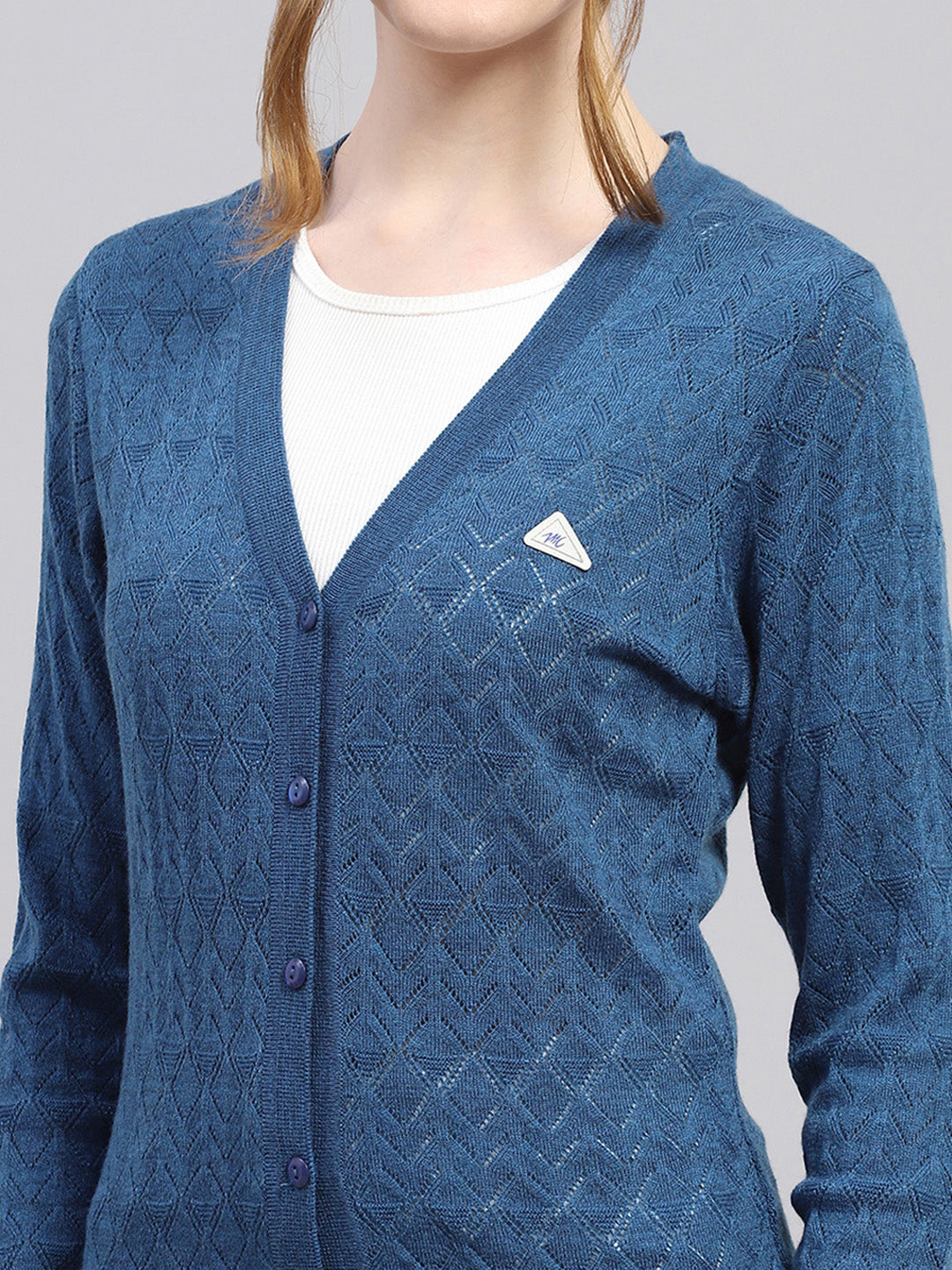 Women Blue Self Design V Neck Full Sleeve Cardigan