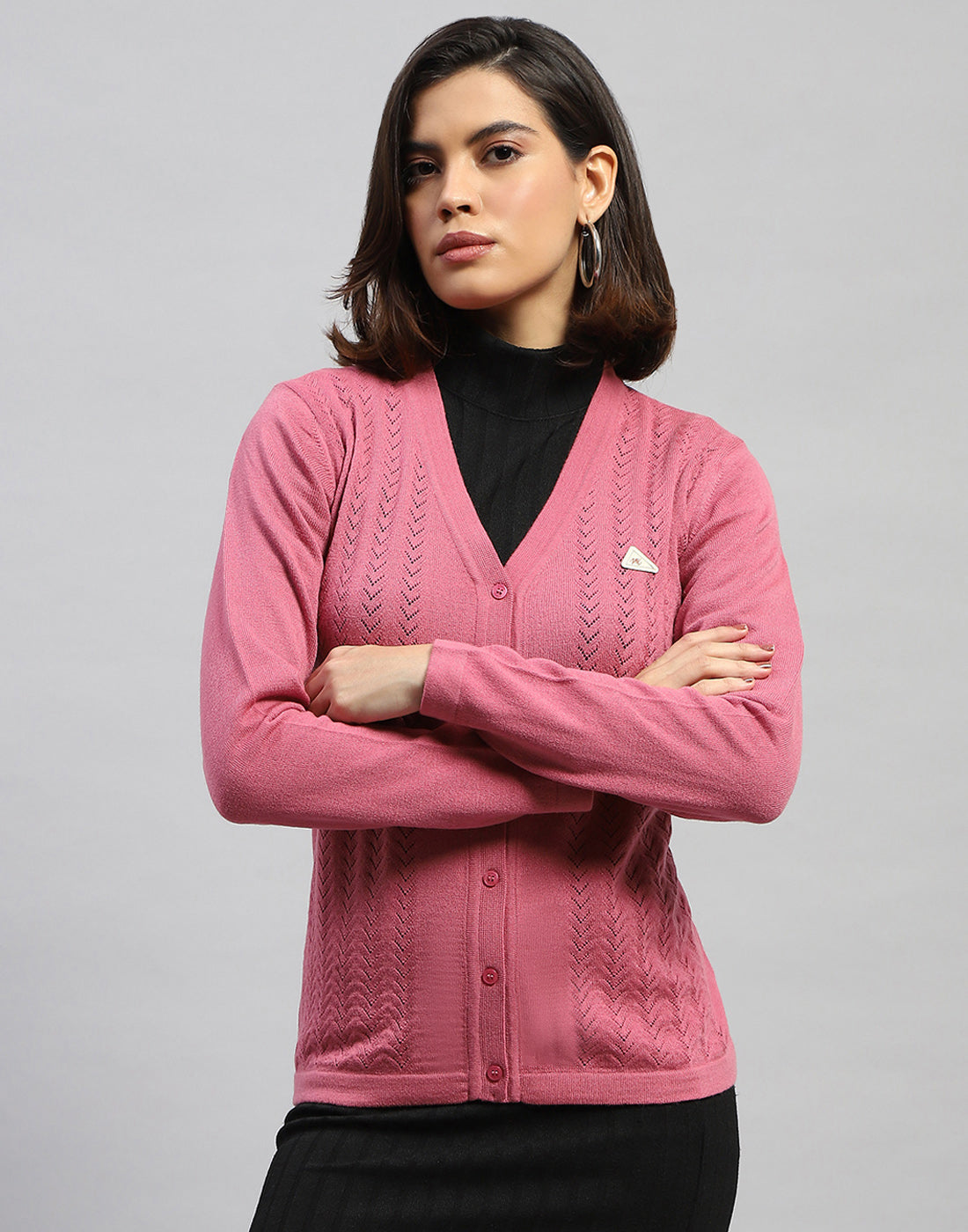 Women Pink Self Design V Neck Full Sleeve Cardigan