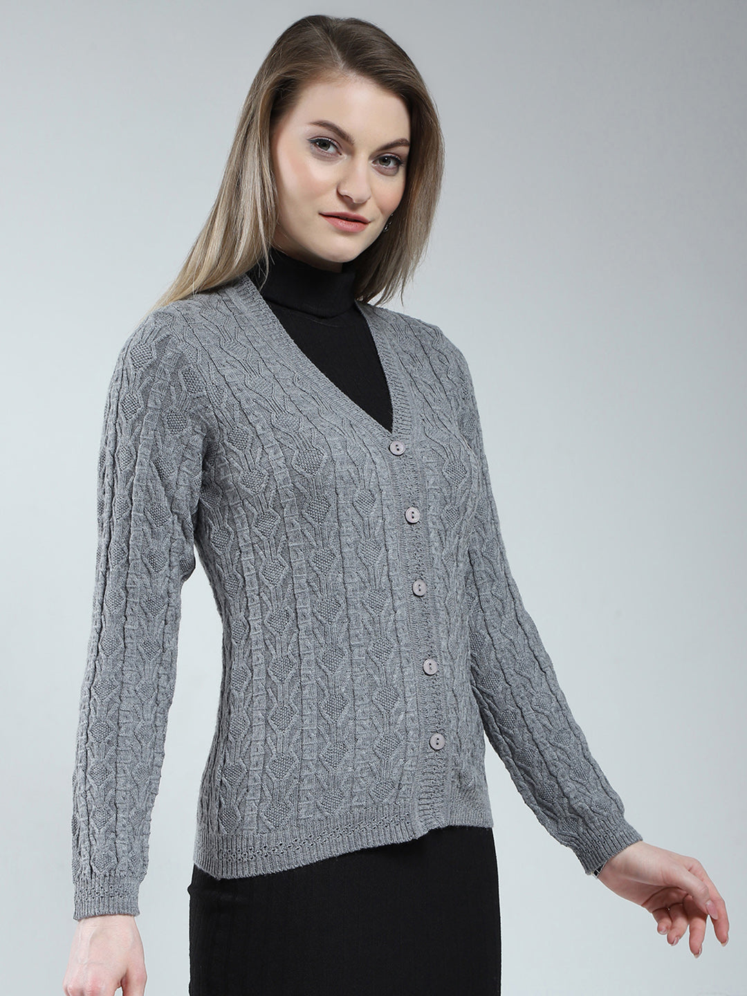 Women Grey Self Design V Neck Full Sleeve Cardigan